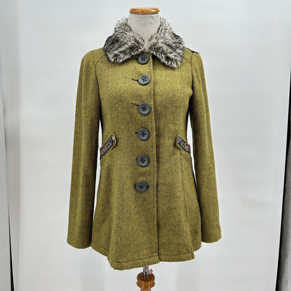 Free People Pea Green Wool Blend Pea Coat Women's Size 4/Small